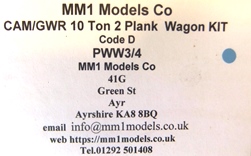 MMI PWW3/4 GWR (Ex-Cambrian) 10-ton 2-plank Wagon Kit - No wheels